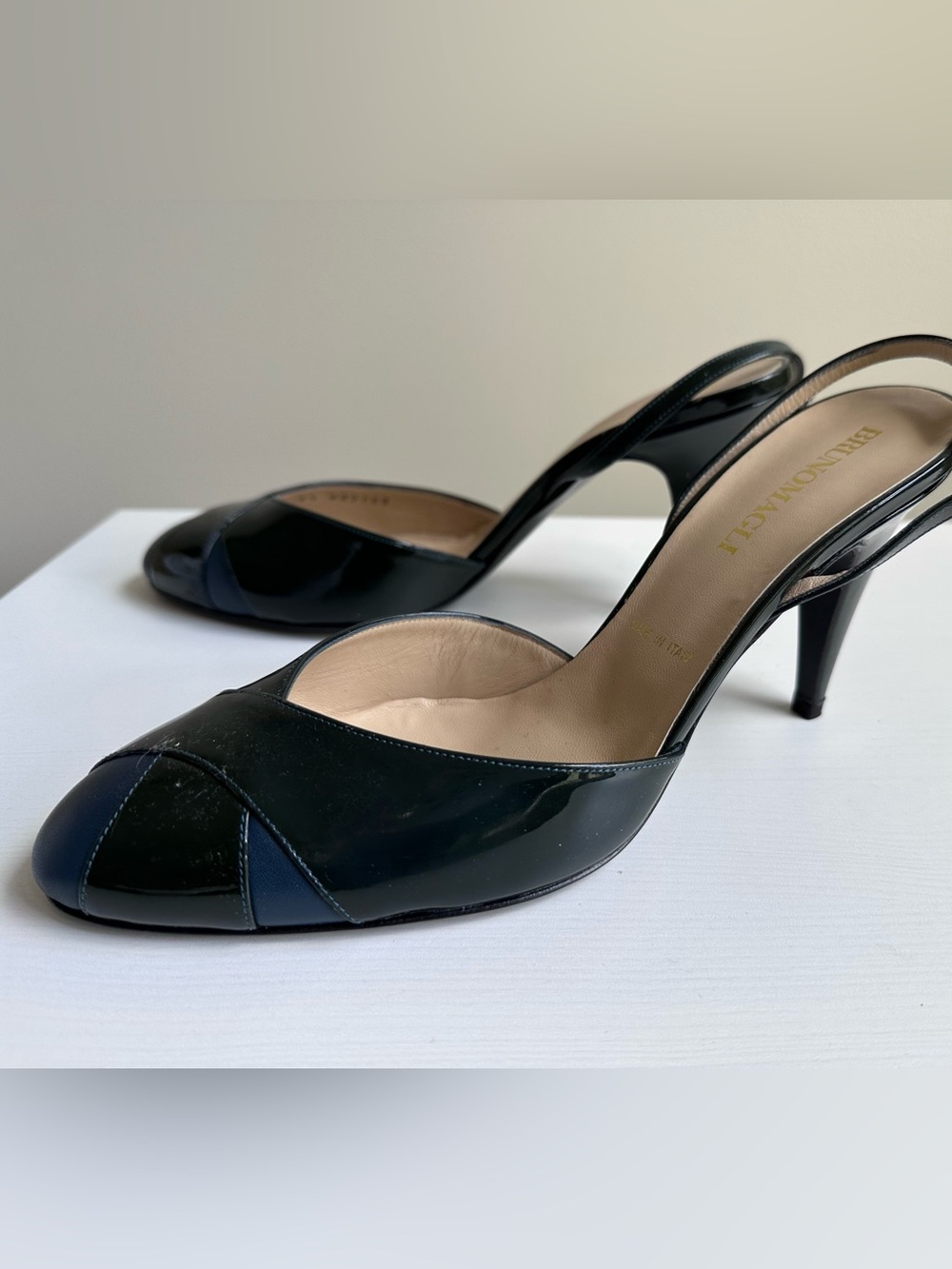 New Bruno Magli Leontia Patent Leather Slingbacks in Petrol
